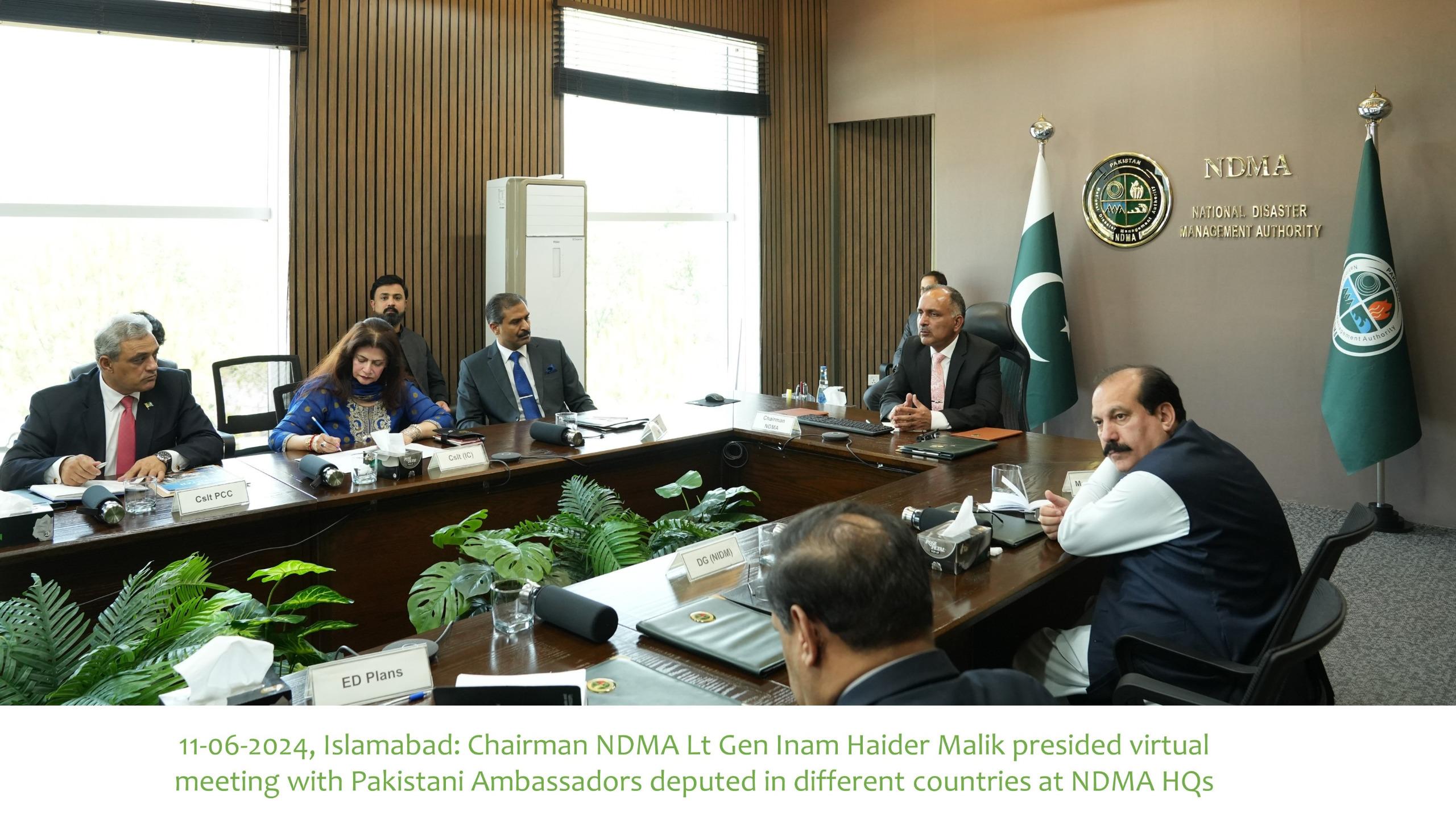 11-06-2024, Chairman National Disaster Management Authority (NDMA), Lt. Gen Inam Haisder Malik HM(I) convened a meeting with ambassadors from various countries to discuss collaborative efforts in wage of Moon Soon Season